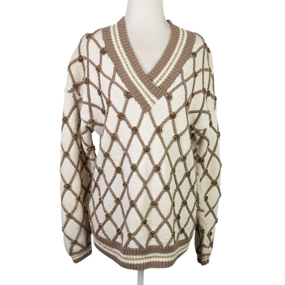 Vintage 90s Marisa Christina cream and brown diamond beaded sweater M